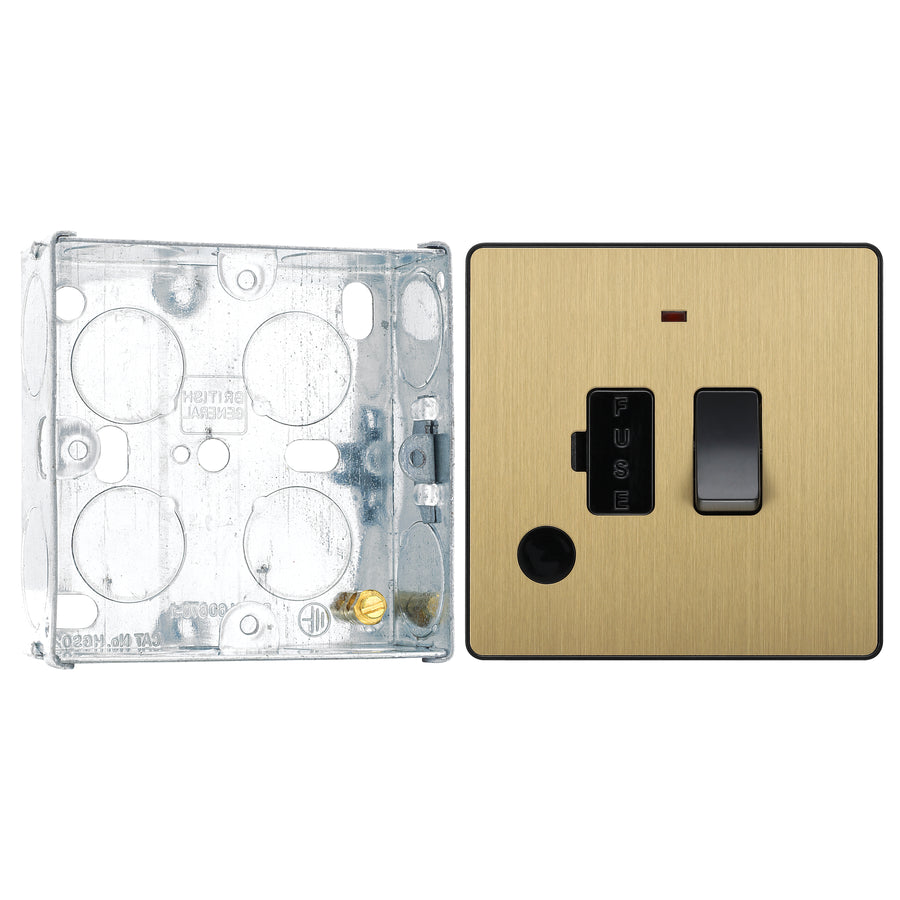 BG Evolve Satin Brass 13A Switched Spur with Neon and Flex Outlet PCDSB52B with 25mm Steel Back Box