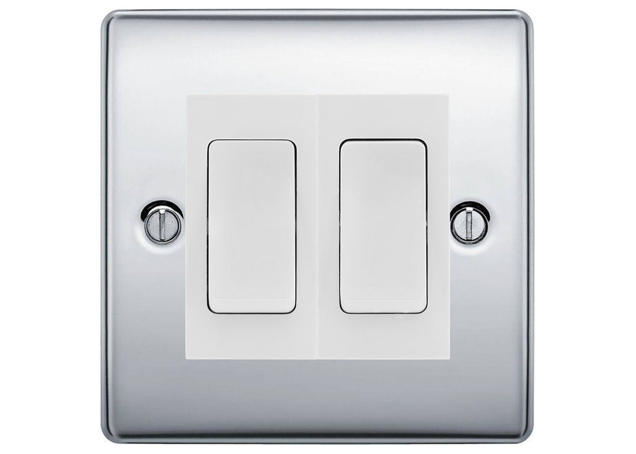 BG Nexus Polished Chrome 2-Gang Light Switch 1x 2-Way + 1x Intermediate – White Inserts