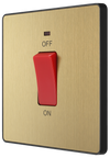 PCDSB74B Front - This Evolve Satin Brass 45A double pole switch with indicator from British General is ideal for use with cookers and ovens. This switch has a low profile screwless flat plate that clips on and off, making it ideal for modern interiors.