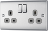 NBS22G Front - This brushed steel finish 13A double switched socket from British General has a sleek and slim profile with softly rounded edges, anti-fingerprint lacquer and no visible plastic around the switches for a luxurious finish.