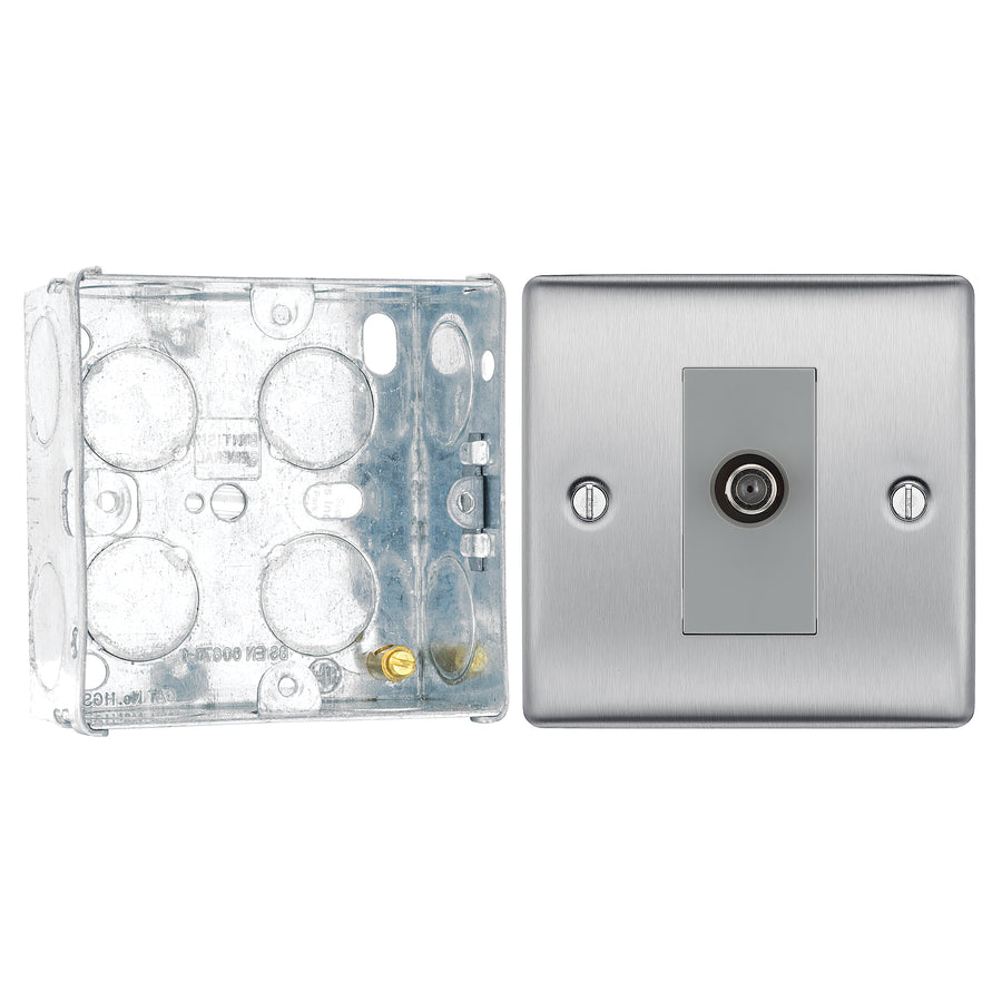 BG Nexus Brushed Steel Single Satellite Socket NBS64 with 35mm Steel Back Box