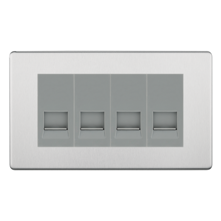 BG Screwless Brushed Steel 4 Gang Master Telephone Socket - Grey Insert