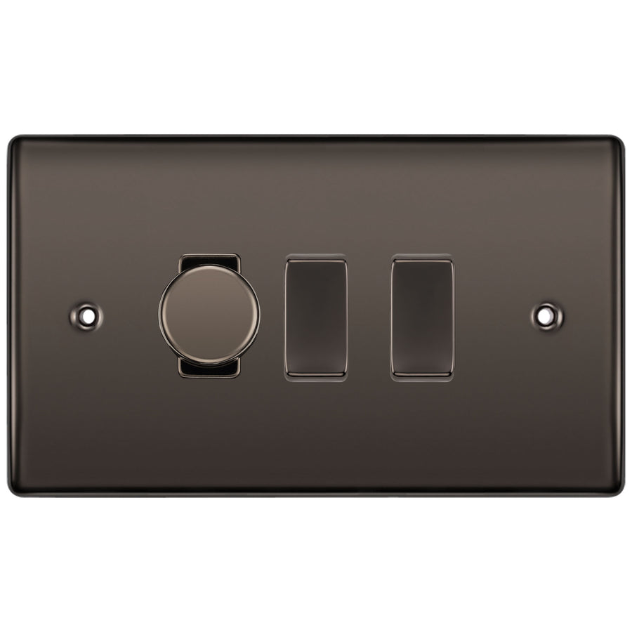 BG Black Nickel 3 Gang Light Switch 1x Trailing Edge LED Dimmer 2x 2 Way Custom Switch