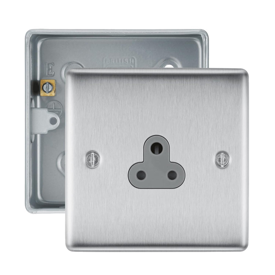 BG Nexus Brushed Steel 2A Unswitched Round Pin Socket with Surface Pattress Back Box