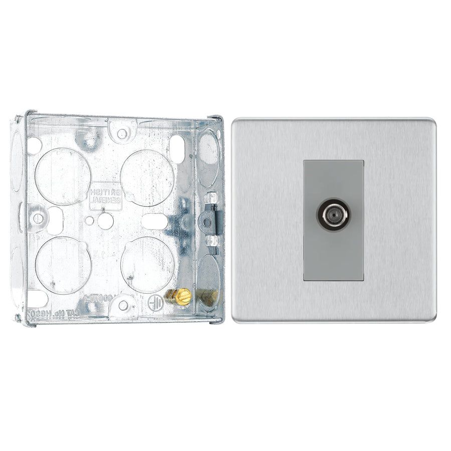 BG Screwless Brushed Steel Single Satellite Socket FBS64 with 25mm Steel Back Box