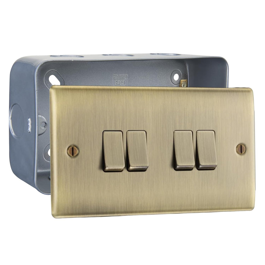 Antique Brass 20A 16AX 2 Way Quadruple Light Switch & Surface Pattress Back Box