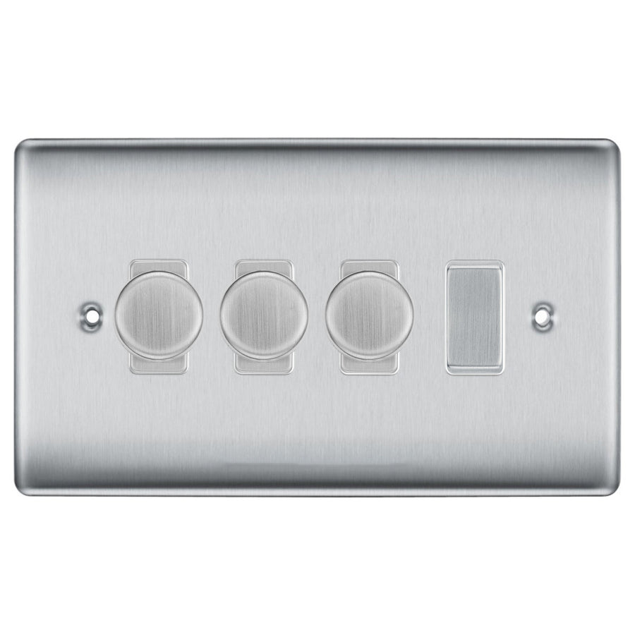 BG Brushed Steel 4 Gang Light Switch 3x Trailing Edge LED Dimmer 1x 2 Way Custom Switch