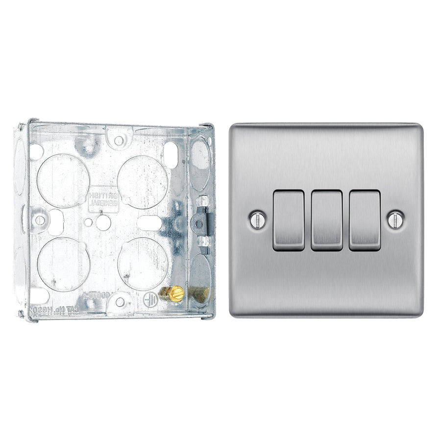 BG Nexus Brushed Steel 20A 16AX 2-Way Triple Light Switch NBS43 with 25mm Steel Back Box