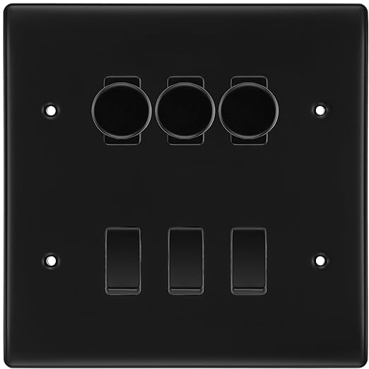 BG Nexus Matt Black 6 Gang Switch 3x Trailing Edge LED Dimmer 3x Intermediate Custom Grid Switch
