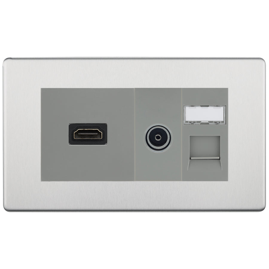 BG Screwless Brushed Steel Media Wall Plate TV Aerial, HDMI & CAT6 Outlet – Grey Insert