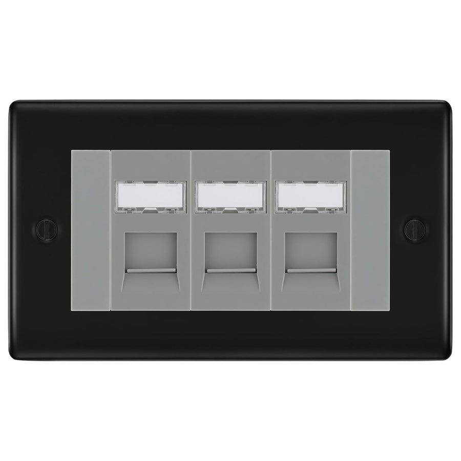 BG Nexus Matt Black 3 Gang RJ45 Cat6 Data Socket Outlet Grey Inserts