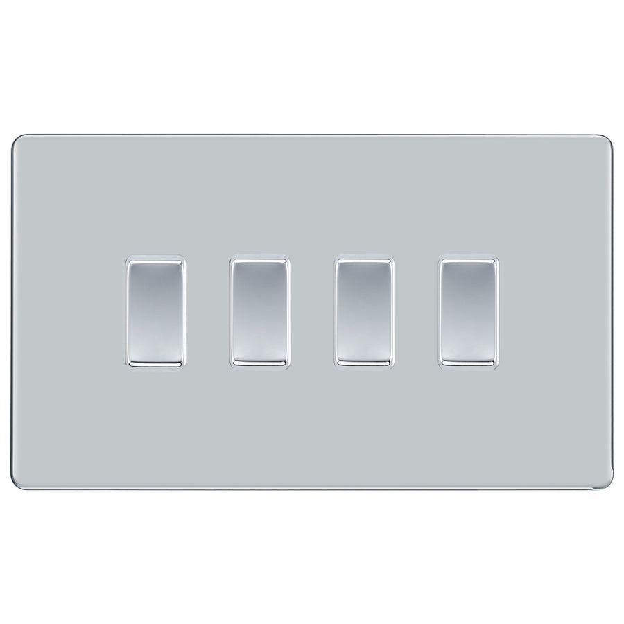 BG Polished Chrome Screwless 4 Gang Light Switch in Double Format Custom Grid