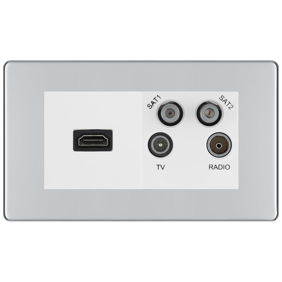 BG Screwless Polished Chrome 4G Faceplate with HDMI + TV/FM/SAT Module - White