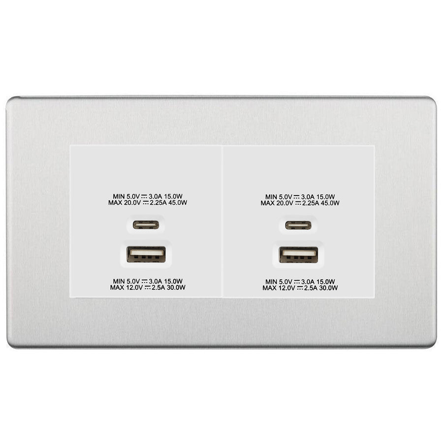 BG Screwless Brushed Steel 4G Faceplate with 45W USB A+C Charger Modules - White Insert