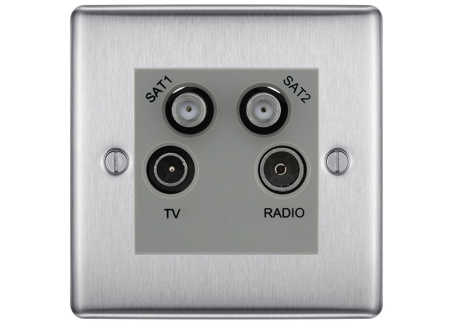 BG Nexus Brushed Steel TV/FM/2x SAT Quadplex Socket – Grey Insert