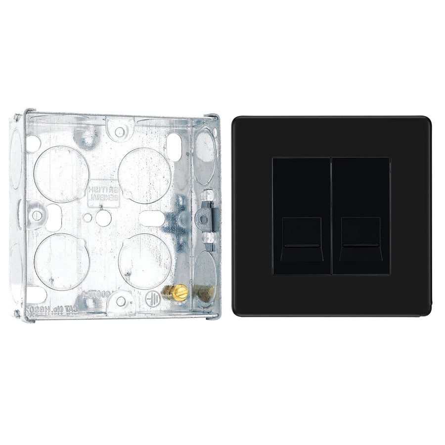 BG Screwless Matt Black Double Secondary Telephone Socket with 25mm Steel Back Box
