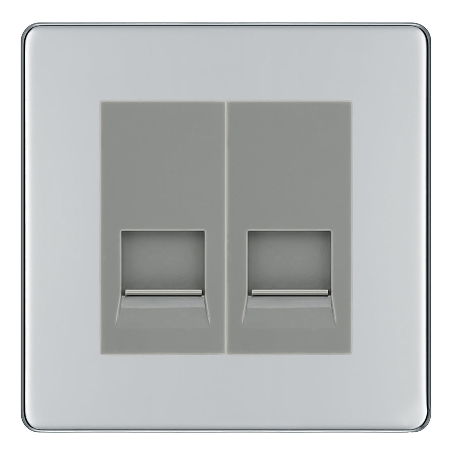 BG Screwless Polished Chrome Double Master Telephone Socket, Screw Terminal - Grey Insert