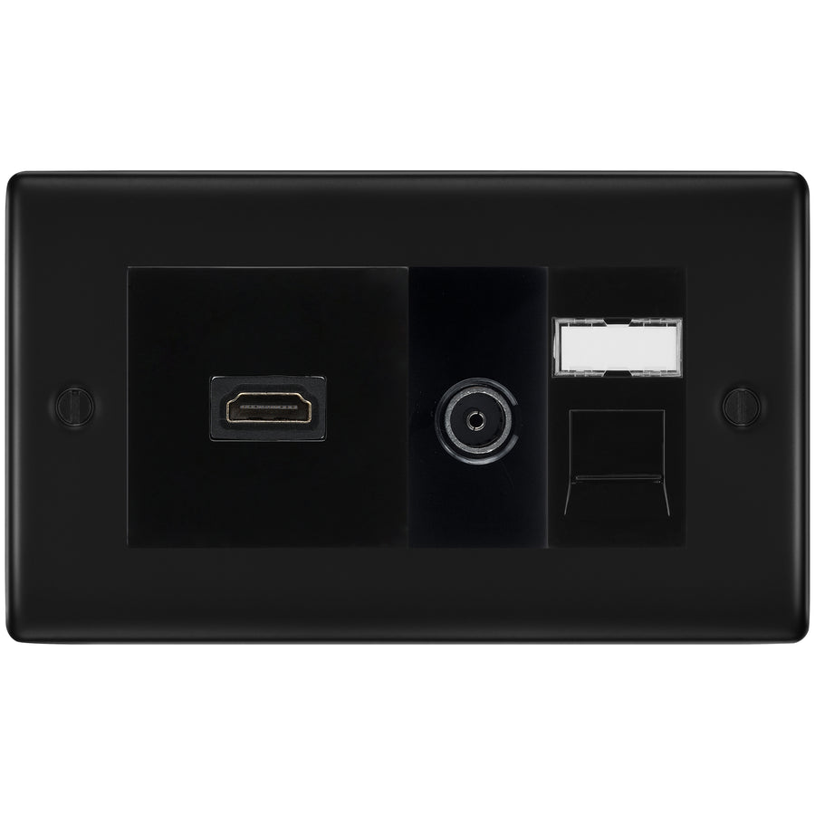 BG Nexus Matt Black Media Wall Plate TV Aerial, HDMI & CAT6 Outlet - Black Insert