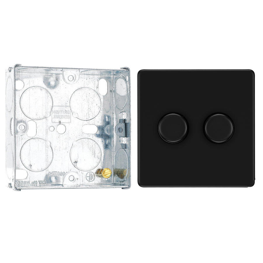 BG Screwless Matt Black 200W 2 Way Double Trailing Edge Dimmer Switch FFB82 with 25mm Steel Back Box
