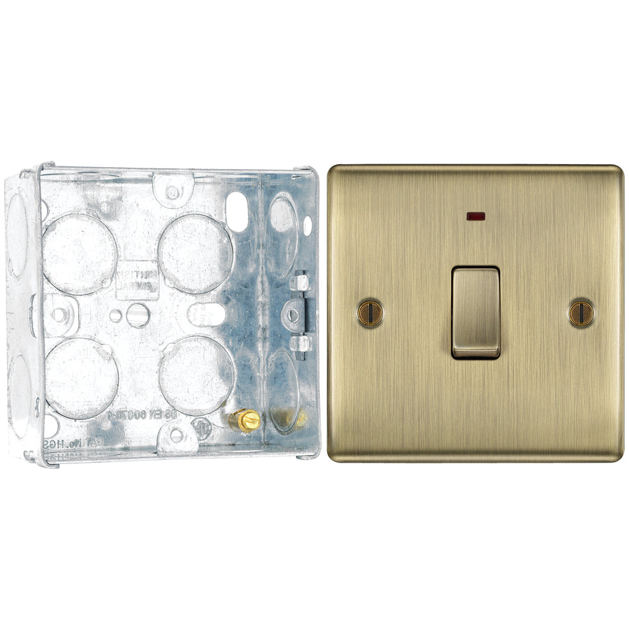 BG Nexus Antique Brass 1 Gang 20A 2 Pole Neon Switch NAB31 with 35mm Steel Back Box
