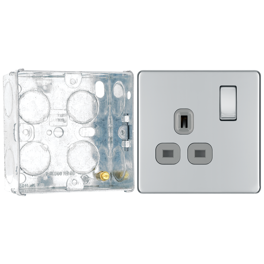 BG Screwless Polished Chrome 13A Single Switched Socket FPC21G with 35mm Steel Back Box