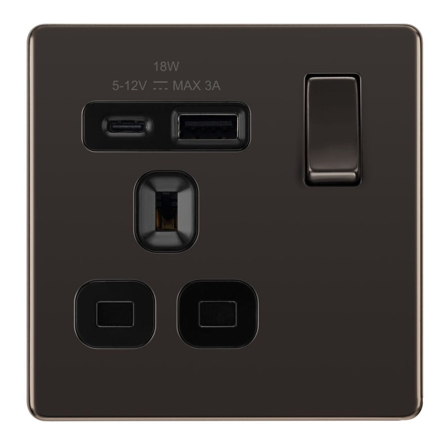 BG FBN21UAC18B Nexus Screwless Flatplate | Black Nickel | 1 Gang 13A 1 Pole 1x USB-A 1x USB-C | Switched Single Socket