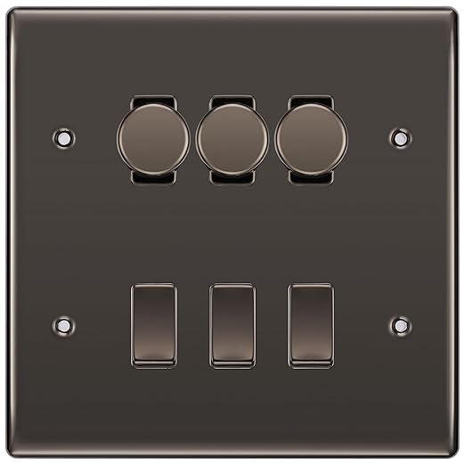 BG Nexus Black Nickel 6 Gang Switch 3x Trailing Edge LED Dimmer 3x 2Way Custom Switch