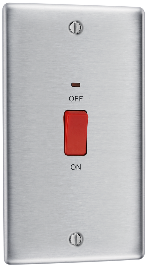 NBS72 Front - This 45A double pole switch with indicator from British General is ideal for use with cookers and has a large mounting plate measuring 146mm high x 86mm wide.