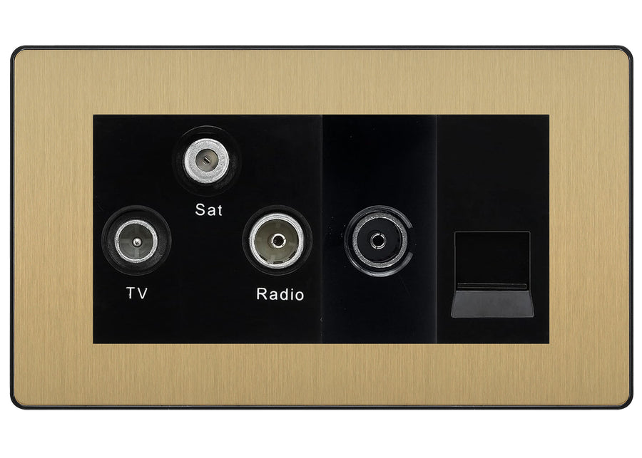 BG Evolve Satin Brass TV/FM/SAT + Return & 1 Gang Tel - Screened Triplex Socket