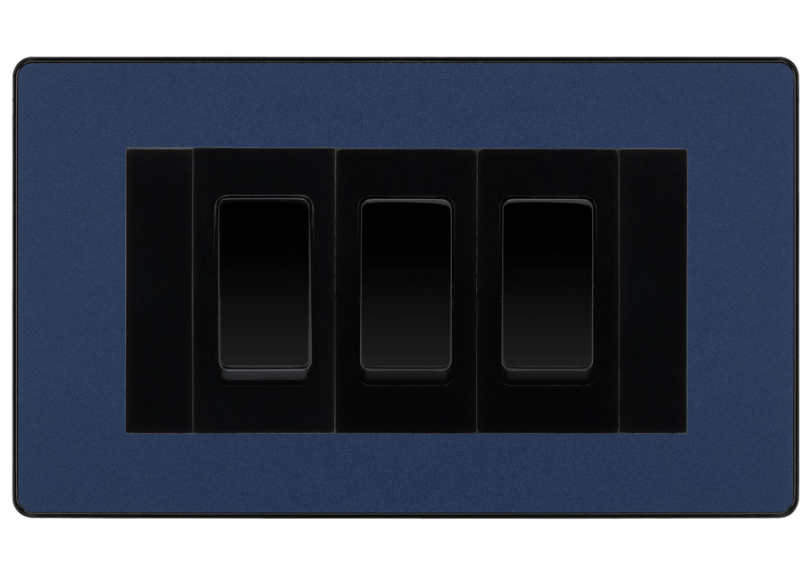 BG Evolve Matt Blue 3 Gang 20AX 2-Way Switch Custom Grid - Black Insert