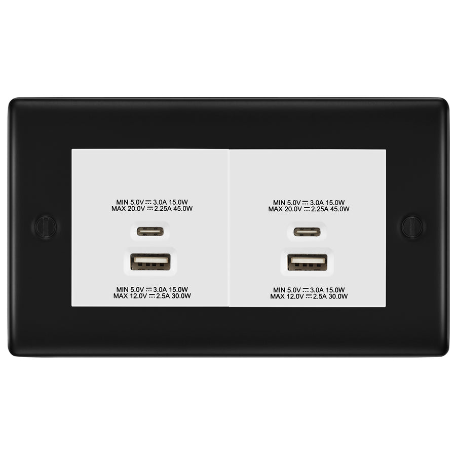 BG Matt Black 4G Euro Plate with 45W USB A+C Charger Modules - White Insert