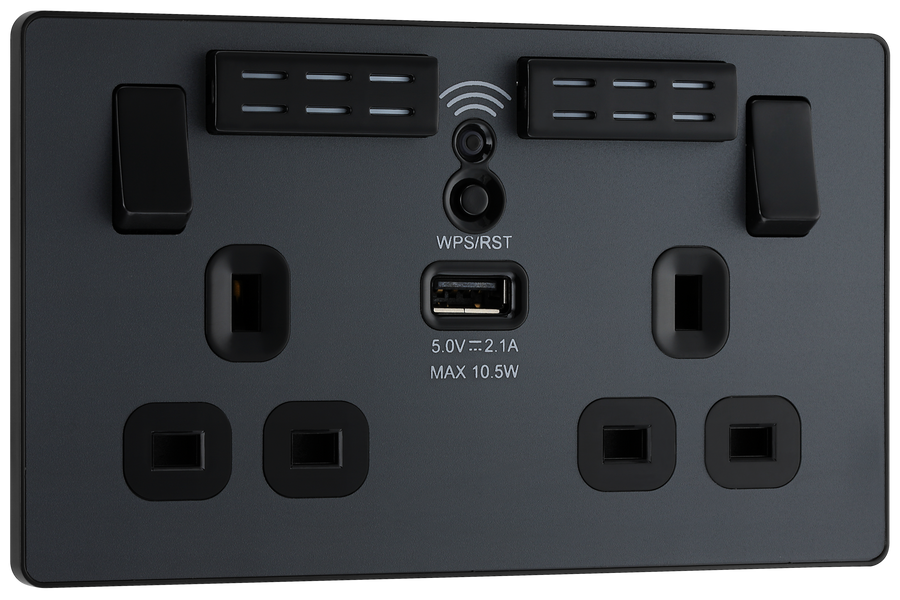 PCDMG22UWRB Front - This Evolve Matt Grey 13A double power socket with integrated Wi-Fi Extender from British General will eliminate dead spots and expand your Wi-Fi coverage.