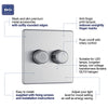 BG FBS82P Flatplate Screwless 2 Gang, 2 Way, 400w Brushed Steel Dimmer Switches