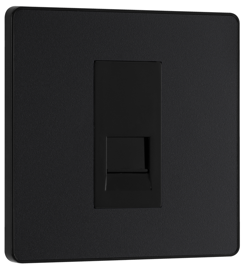 PCDMBBTS1B Front -  This Evolve Matt Black Secondary telephone socket from British General uses a screw terminal connection, and should be used for an additional telephone point which feeds from the master telephone socket. This socket has a low profile screwless flat plate that clips on and off, making it ideal for modern interiors.