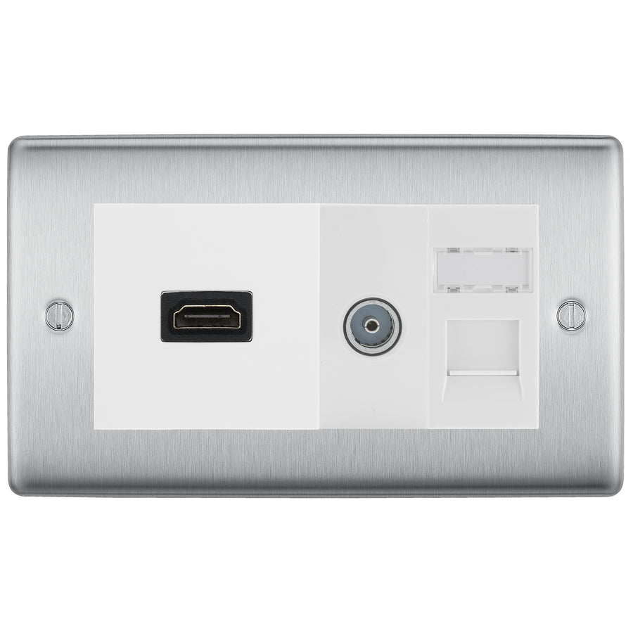 BG Nexus Brushed Steel Media Wall Plate TV Aerial, HDMI & CAT6 Outlet - White Insert