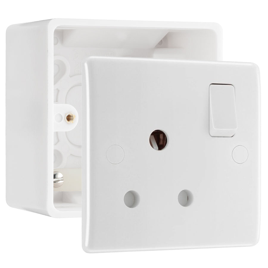 BG Electrical 15A Switched Round Pin Socket White & 50mm Pattress Back Box