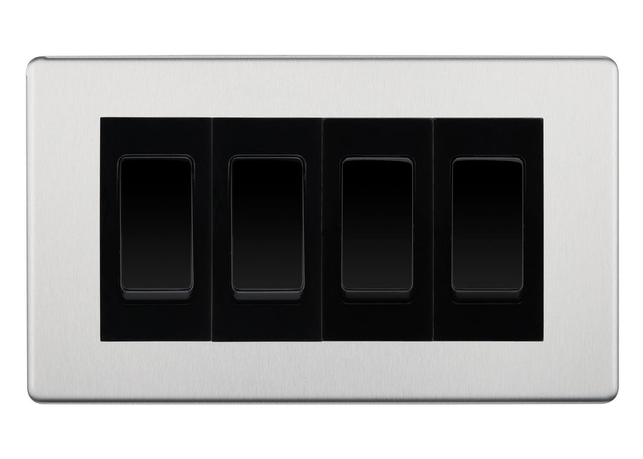 BG Screwless Brushed Steel 4-Gang Light Switch 2x 2-Way + 2x Intermediate – Black Inserts