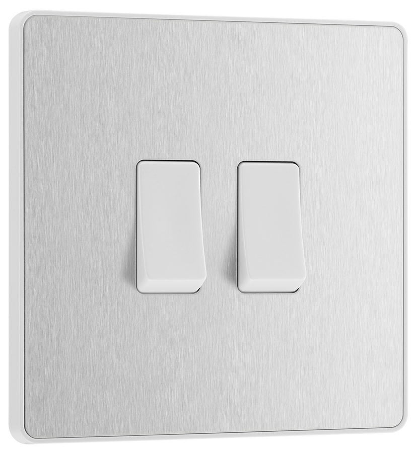 PCDBS42W Front - This Evolve Brushed Steel 20A 16AX double light switch from British General can operate 2 different lights, whilst the 2 way switching allows a second switch to be added to the circuit to operate the same light from another location (e.g. at the top and bottom of the stairs).