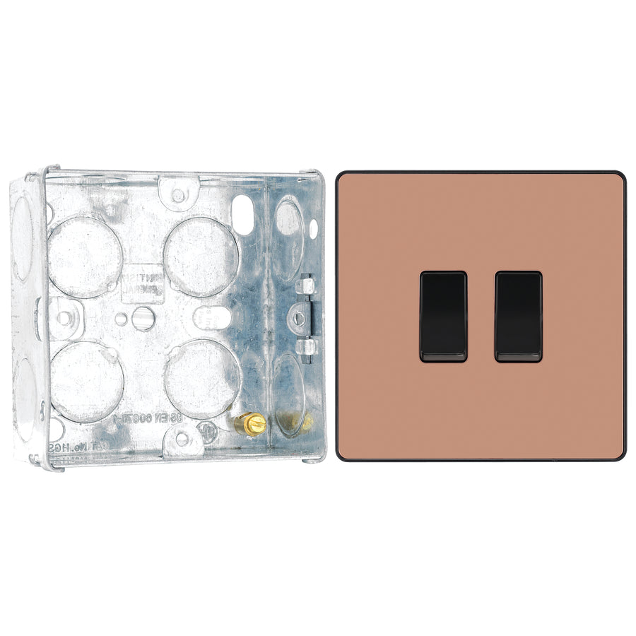 BG Evolve Polished Copper 2 Gang 20A 16AX 2 Way Light Switch PCDCP42B with 35mm Steel Back Box