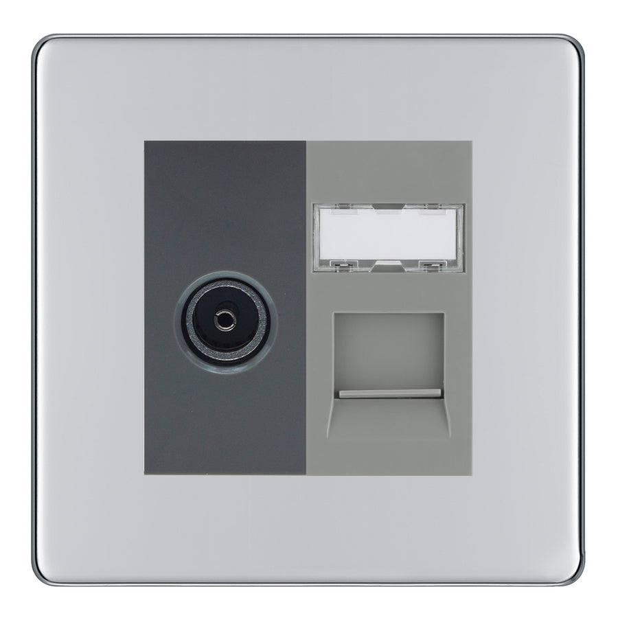 BG Screwless Polished Chrome TV Aerial & RJ45 CAT6 Data Socket - Grey Insert