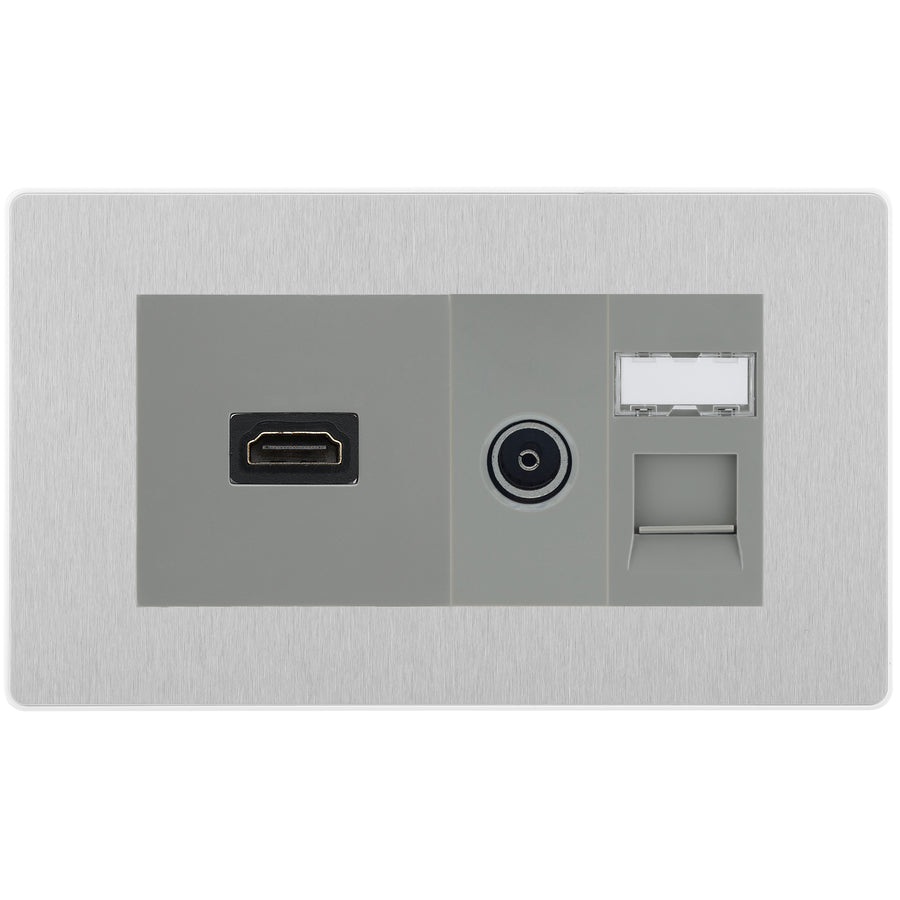 BG Evolve Media Wall Plate — TV Aerial, HDMI & CAT6 | Brushed Steel Screwless