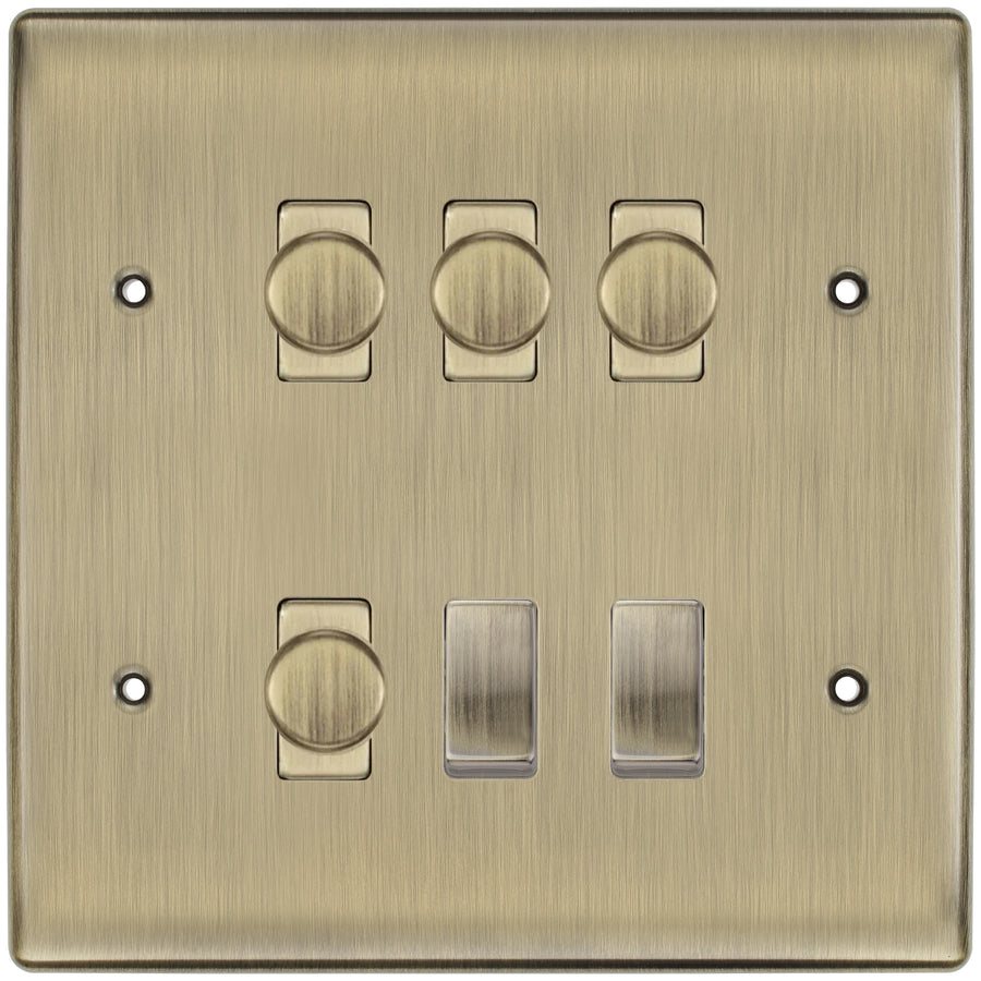 BG Nexus Antique Brass 6 Gang Switch 4x Trailing Edge LED Dimmer, 1x Intermediate, 1x 2-Way Switch