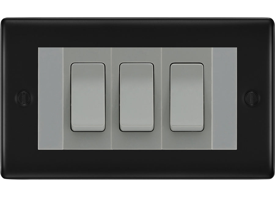 BG Nexus Matt Black 3 Gang Intermediate Light Switch Custom Grid - Grey Insert