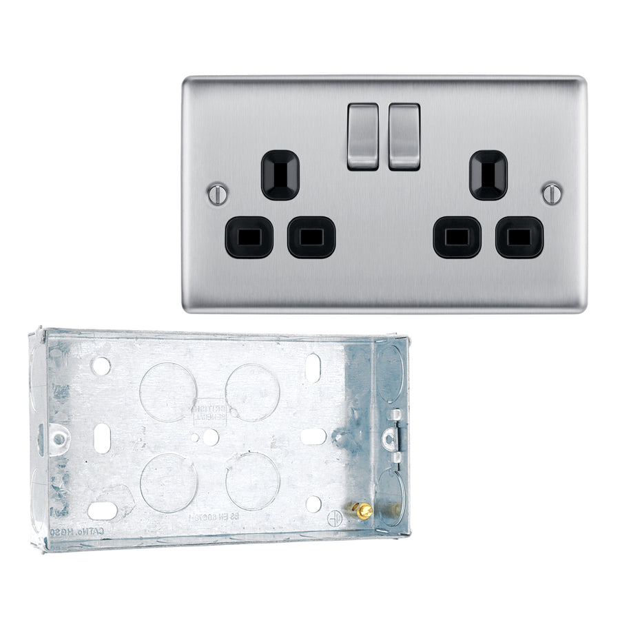 BG Nexus Metal Brushed Steel 13A Double Socket NBS22B with 25mm Steel Back Box