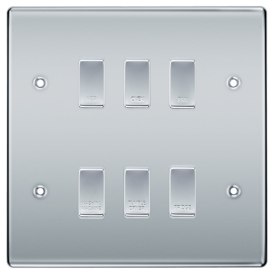 BG Polished Chrome 6 Gang Engraved Custom Labelled Appliance Grid Switch