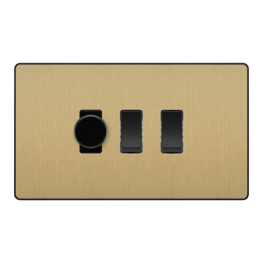 BG Evolve Satin Brass 3 Gang Switch 1x Trailing Edge LED Dimmer 2x Intermediate Custom Grid Switch