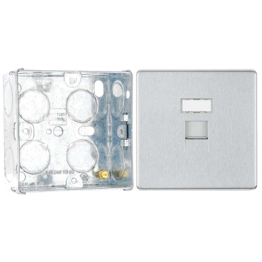 BG Screwless Brushed Steel 1 Gang RJ45 Single Data Outlet FBSRJ451 with 35mm Steel Back Box
