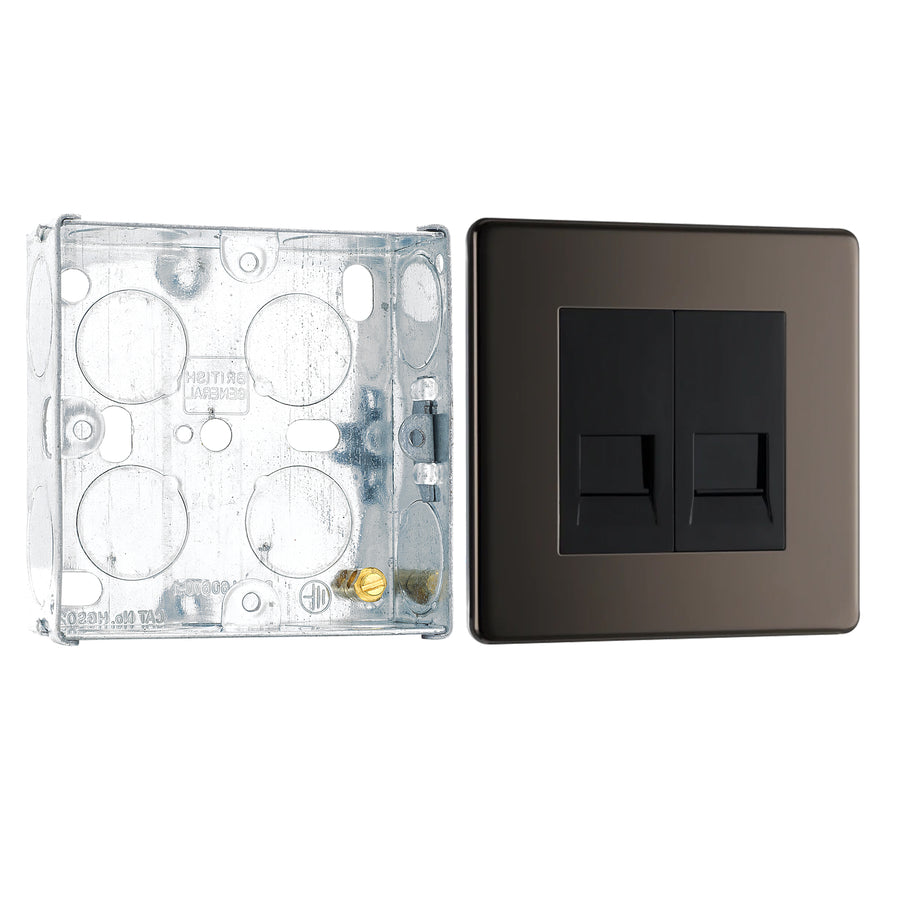 BG Screwless Black Nickel Double Master Telephone Socket FBNBTM2 with 25mm Steel Back Box