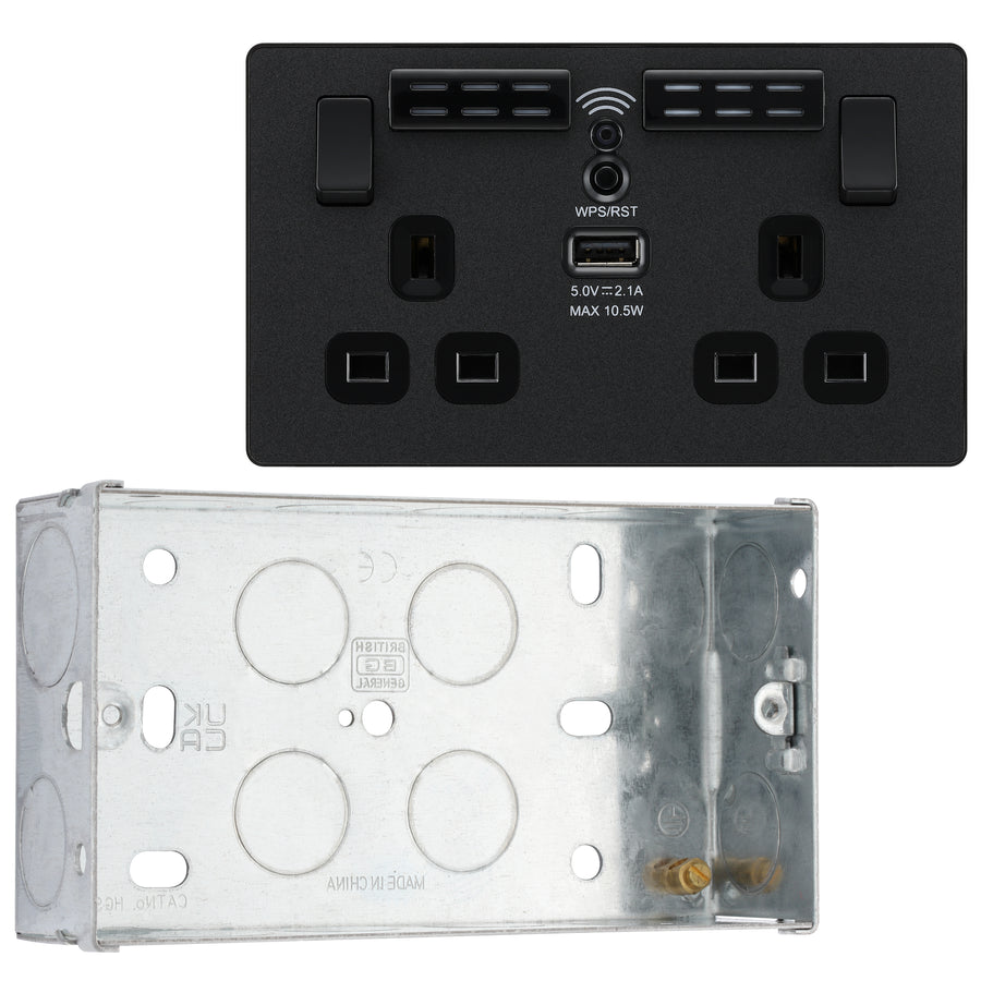 BG Evolve Matt Black Double USB Socket with WiFi Extender PCDMB22UWRB with 35mm Steel Back Box
