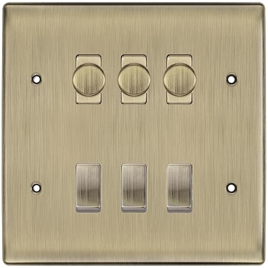 BG Nexus Antique Brass 6 Gang Switch 3x Trailing Edge LED Dimmer 3x Intermediate Custom Grid Switch
